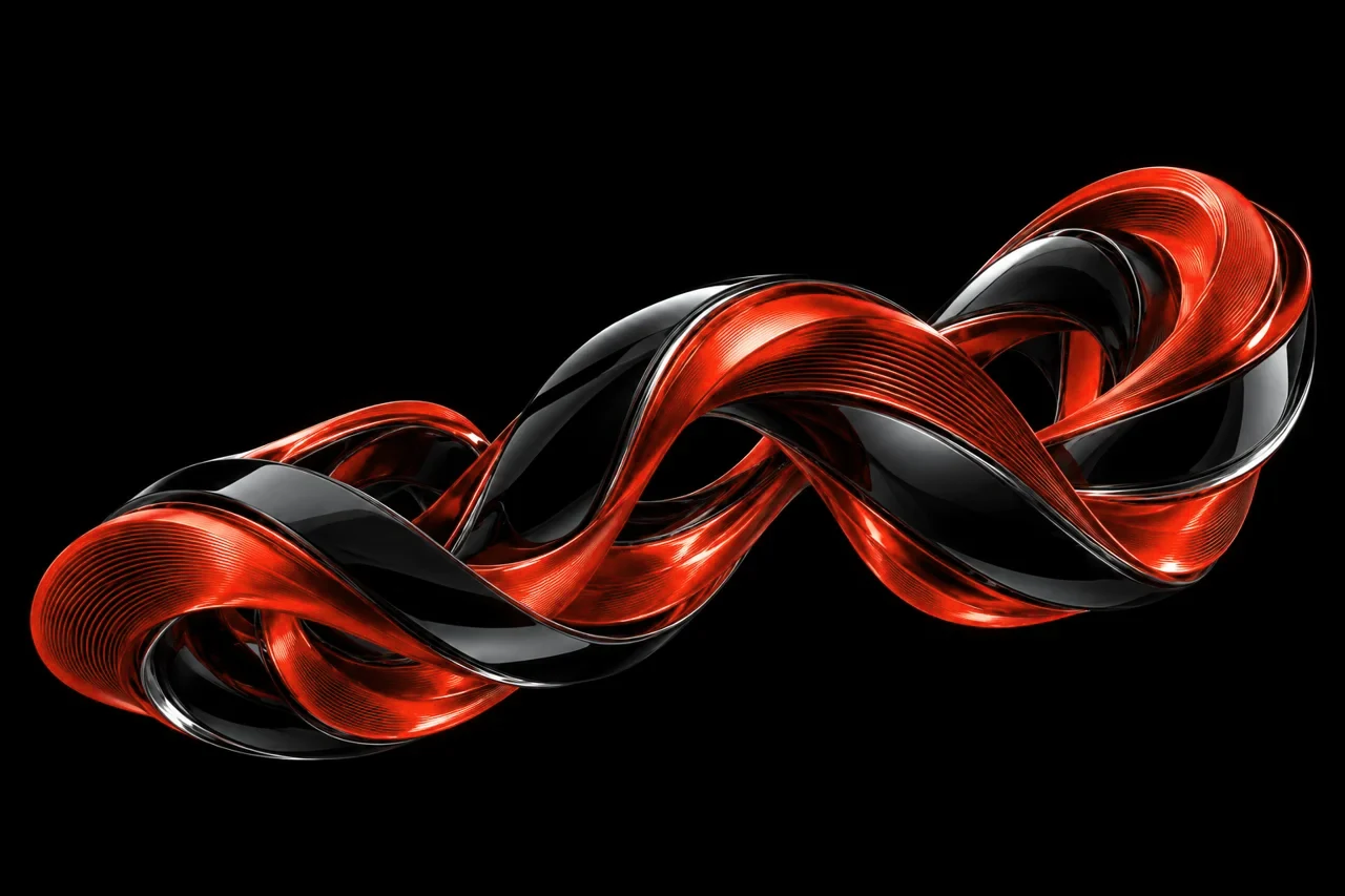 Layered red and black sculptural ribbons forming a flowing connection