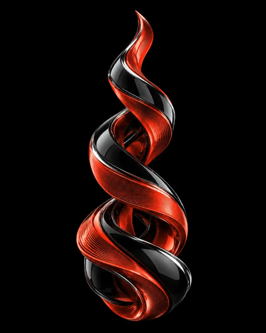 A folded red and black ribbon sculpture rising through distinct layers